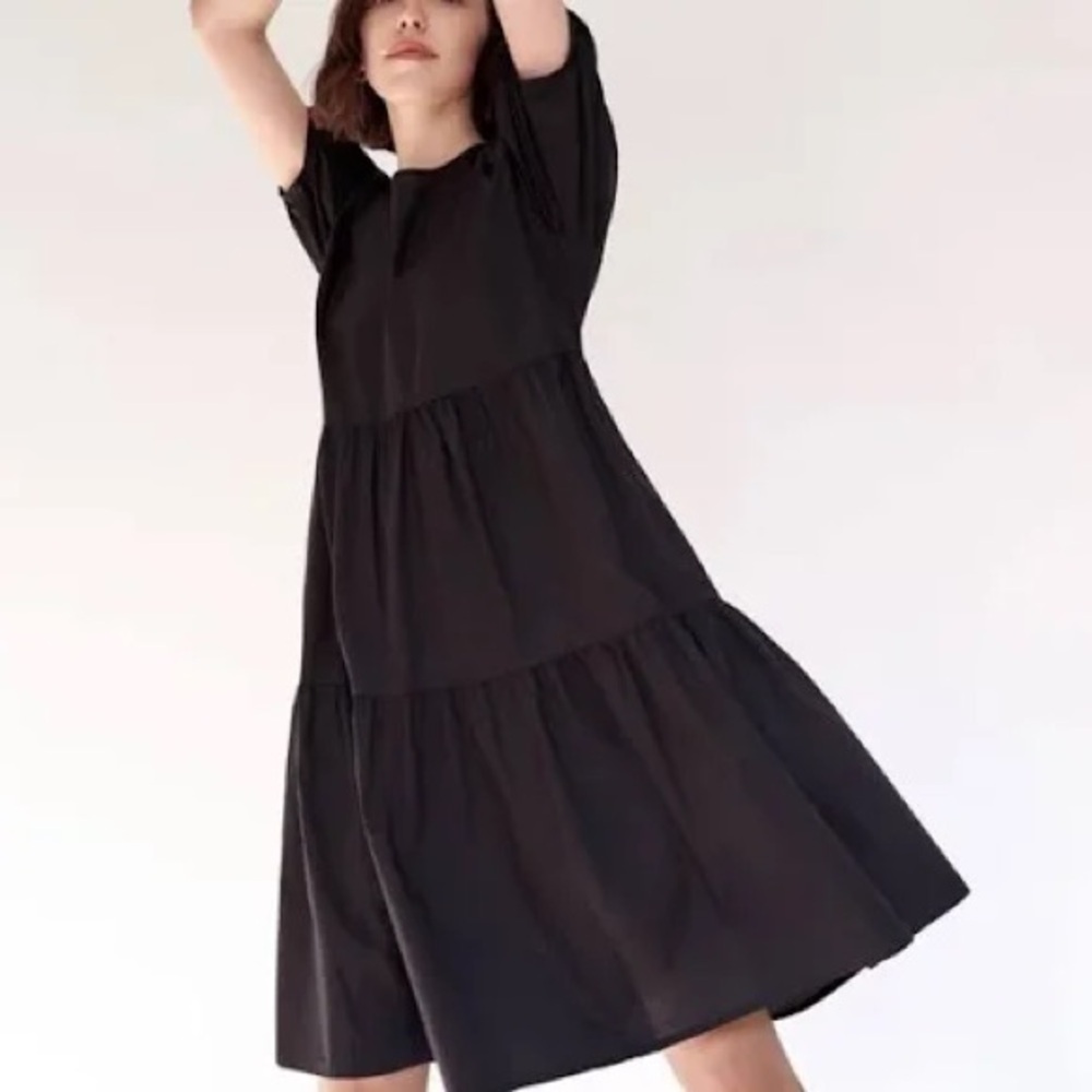 Everlane Cotton Popover Tiered Midi Dress Sz M Black High Neck Cottagecore Loose